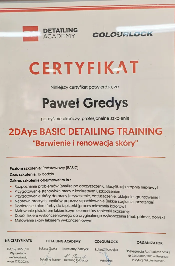 Certyfikat Colourlock i Detailing Academy — barwienie i renowacja skóry, Paweł Gredys