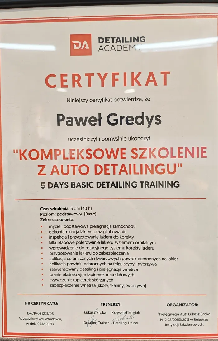 Certyfikat Detailing Academy — kompleksowe szkolenie z auto detailingu, Paweł Gredys