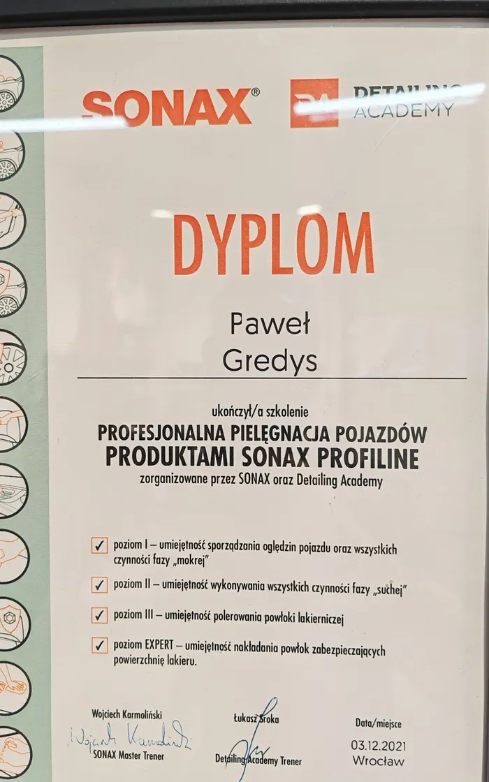 Dyplom SONAX — profesjonalna pielęgnacja pojazdów produktami SONAX Profiline, Paweł Gredys
